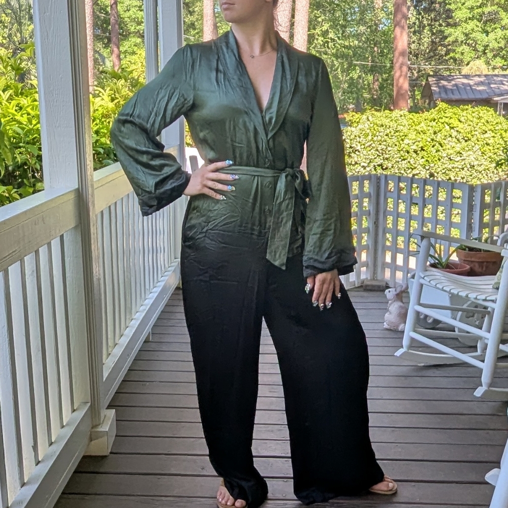 YFB Veran Ombre Forest Green Silky Plunging Neckline Jumpsuit | Evening Wear